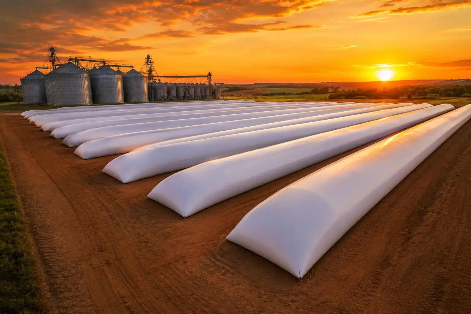 Silos bolsa alinhados na lavoura ao pôr do sol, com silos metálicos ao fundo